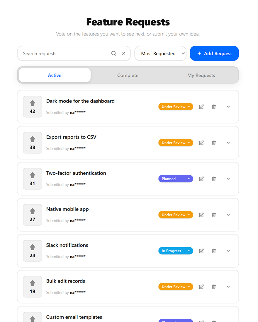 FeatureQuest voting board showing feature requests with vote counts and statuses