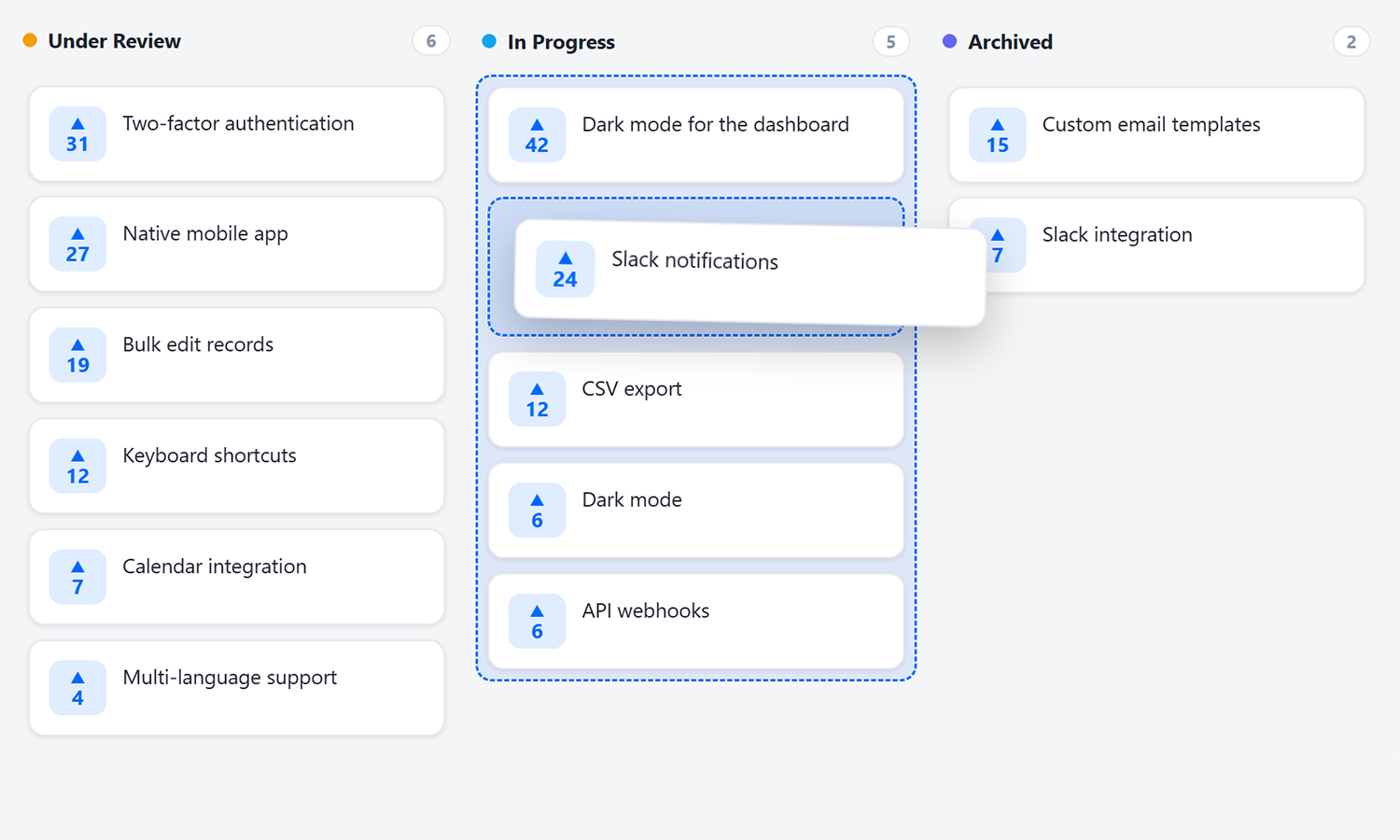 FeatureQuest kanban board with draggable cards